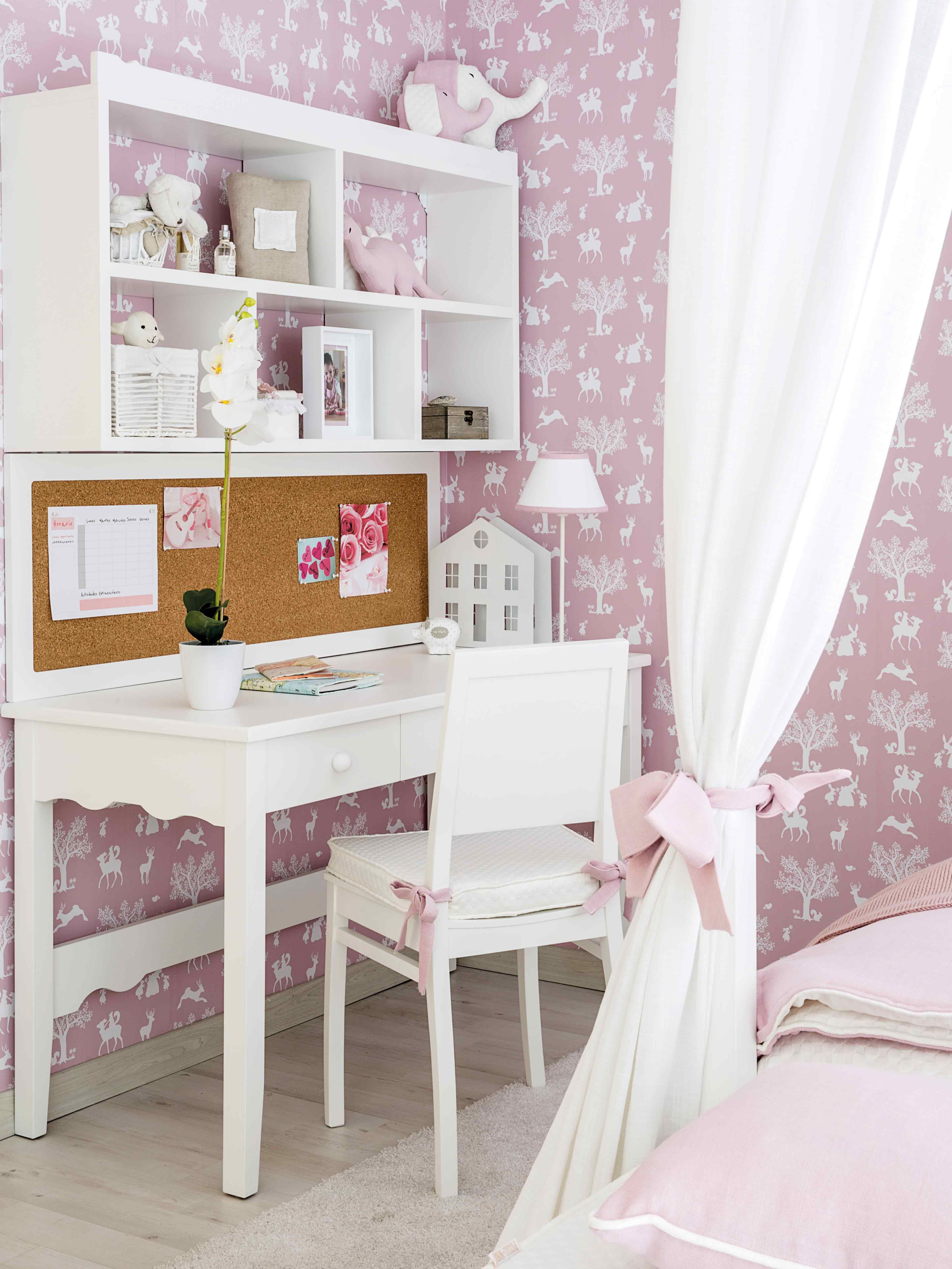 Pink, Furniture, Room, Interior design, Product, Bedroom, Bed, Curtain, Desk, Wall, 
