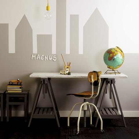 Yellow, Room, Furniture, Table, Interior design, Wall, Office supplies, Interior design, Paint, Design, 
