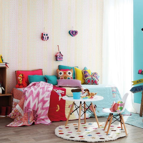 Blue, Room, Interior design, Textile, Furniture, Pink, Wall, Home, Interior design, Turquoise, 
