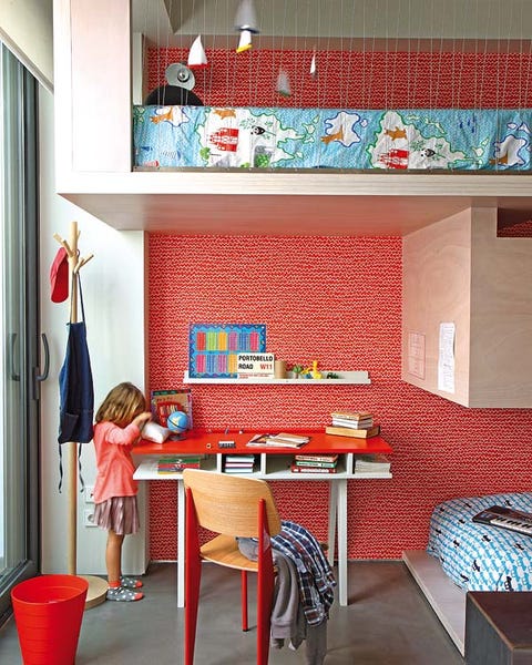 Room, Interior design, Table, Interior design, Stool, Wallpaper, One-piece garment, Linens, Shelving, Desk, 