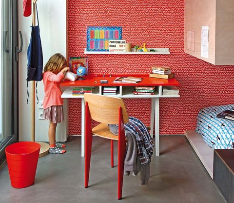Room, Red, Interior design, Table, Stool, Coquelicot, Shelving, Shelf, 