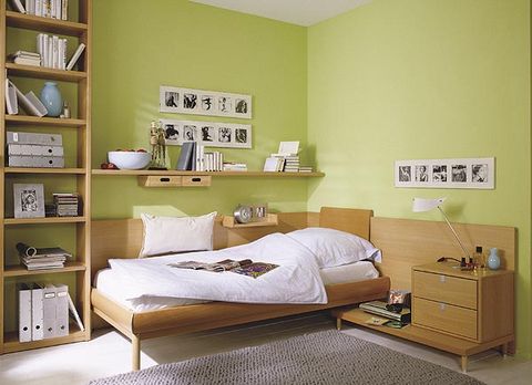 Room, Wood, Interior design, Green, Bed, Wall, Textile, Furniture, Bedding, Bedroom, 