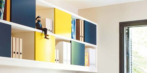 Yellow, Room, Shelving, Interior design, Shelf, Furniture, Wall, Paint, Folding chair, Plywood, 