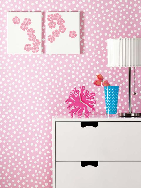 Pink, Pattern, Wallpaper, Wall, Design, Room, Wall sticker, Heart, Polka dot, 