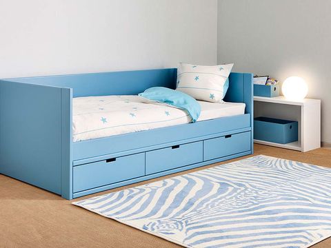 Blue, Bed, Room, Bedding, Wood, Floor, Bedroom, Textile, Bed sheet, Wall, 