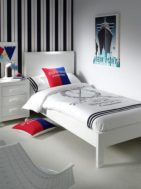 Blue, Room, Interior design, Bed, Bedding, Bedroom, Textile, Bed sheet, Floor, Wall, 