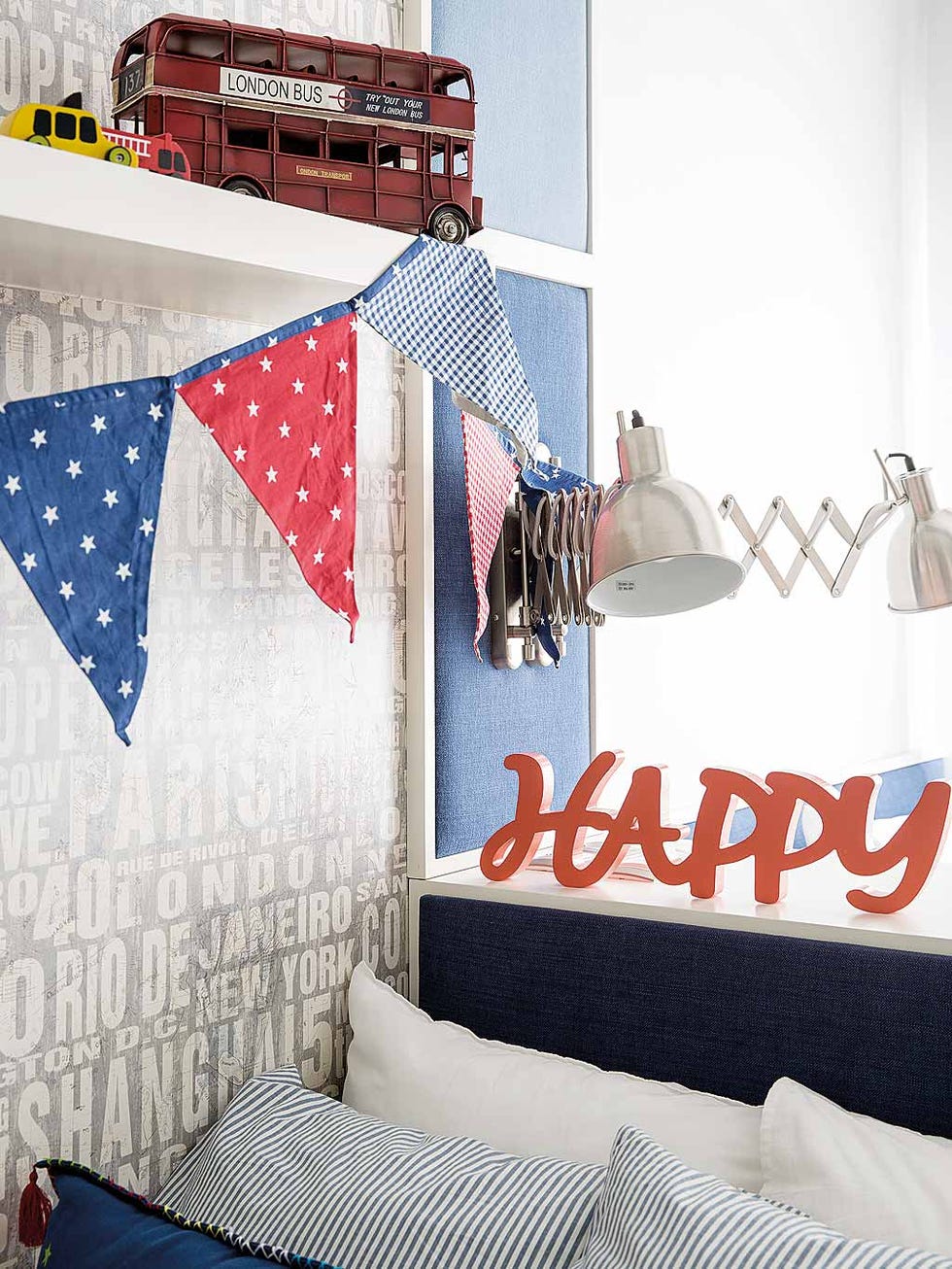 Room, Wall, Flag, Interior design, Furniture, Textile, Bedroom, Font, Banner, Linens, 