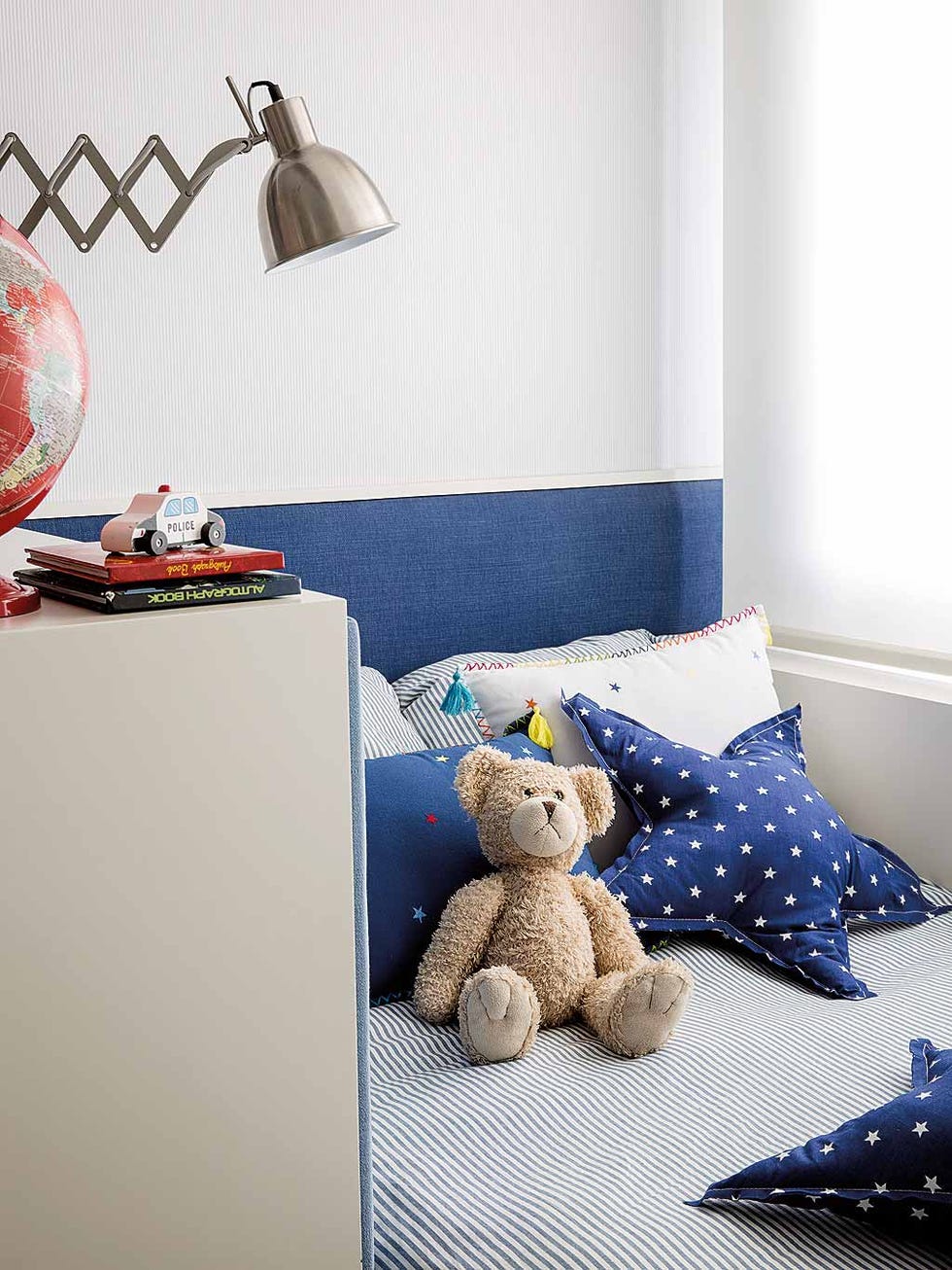 Blue, Room, Bed sheet, Bedding, Teddy bear, Product, Bed, Furniture, Bedroom, Interior design, 