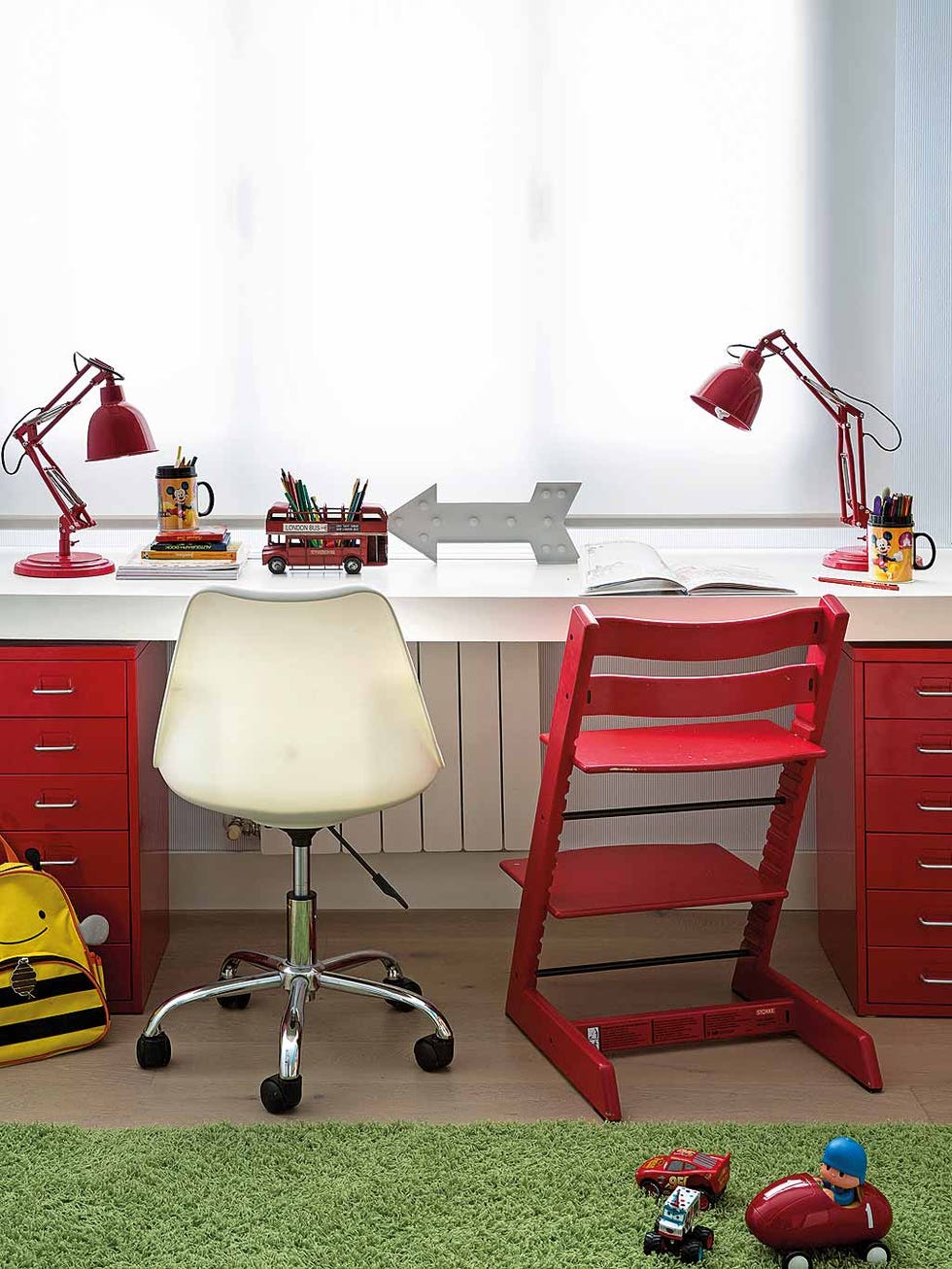 Furniture, Desk, Red, Room, Table, Chair, Interior design, Material property, Floor, Flooring, 
