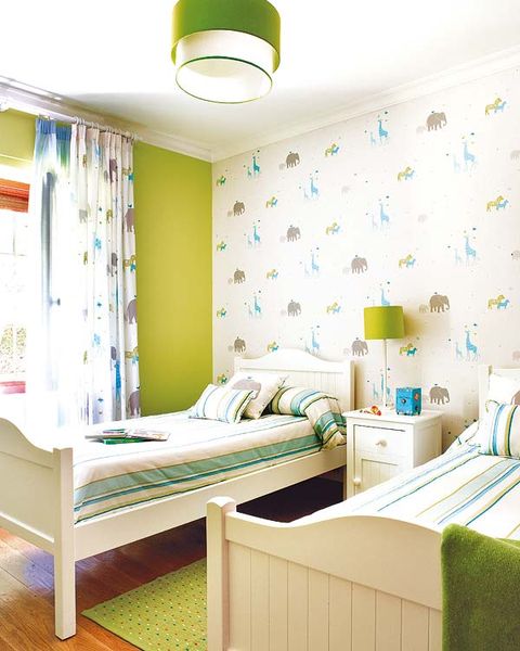Bed, Green, Room, Lighting, Interior design, Bedding, Textile, Bedroom, Wall, Bed sheet, 