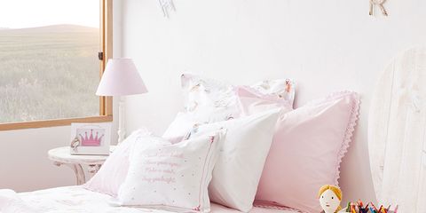 Room, Interior design, Textile, White, Home, Pink, Wall, Furniture, Cushion, Linens, 