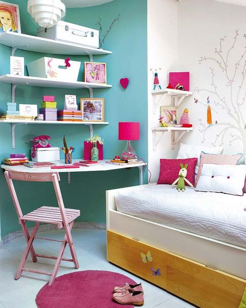 Green, Room, Interior design, Textile, Wall, Furniture, Red, Shelving, Pink, Bed, 