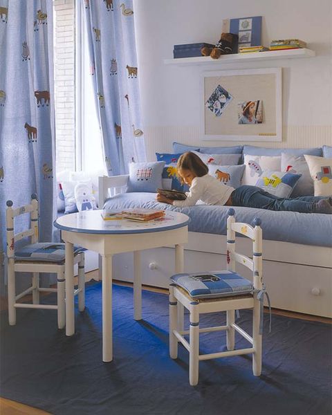 Blue, Room, Interior design, Textile, Table, Furniture, Curtain, Home, Window covering, Interior design, 