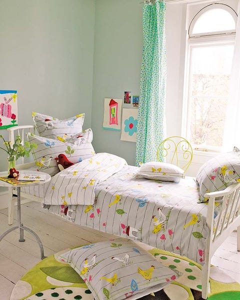 Room, Green, Yellow, Interior design, Textile, Bedding, Linens, Furniture, Bed, Wall, 