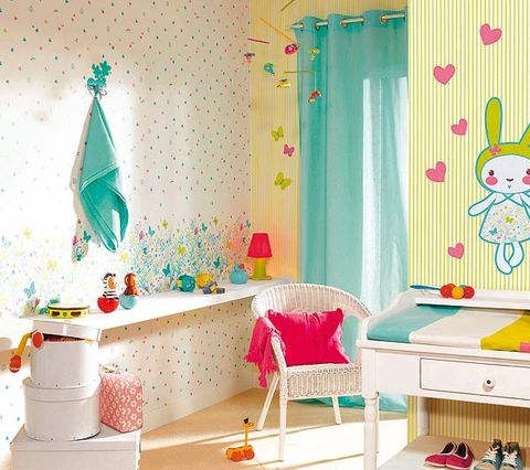 Room, Interior design, Green, Textile, Pink, Wall, Turquoise, Teal, Furniture, Interior design, 