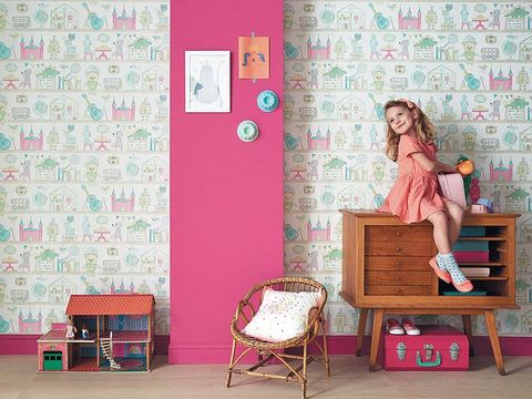 Room, Pink, Teal, Turquoise, Interior design, Peach, Wallpaper, Toy, Foot, Stool, 
