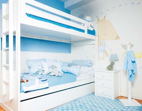 Blue, Room, Product, Interior design, Bed, Bedding, Textile, Floor, Bedroom, Wall, 