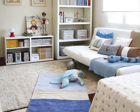 Blue, Room, Interior design, Wall, Textile, Home, White, Shelving, Furniture, Living room, 