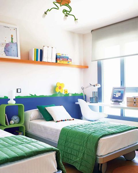 Green, Blue, Room, Interior design, Wall, Textile, Bed, Home, Bedding, Linens, 