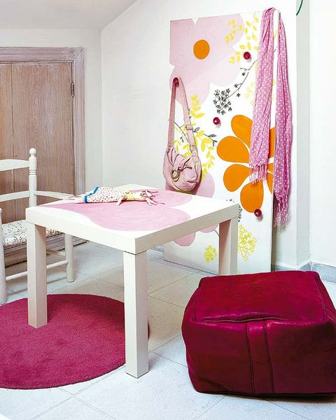 Room, Textile, Interior design, Purple, Furniture, Pink, Table, Floor, Magenta, Hardwood, 