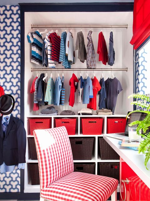 Room, Red, Closet, Furniture, Shelf, Wardrobe, Interior design, Building, Shelving, 