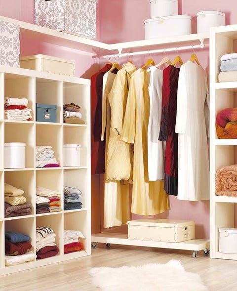 Room, Shelving, Clothes hanger, Shelf, Beige, Closet, Wardrobe, Home accessories, Collection, Linens, 