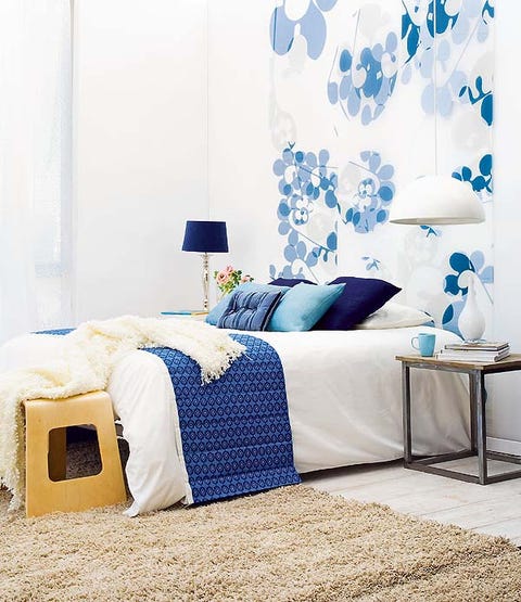 Blue, Room, Interior design, Bedding, Furniture, Textile, Wall, Bed, Bed sheet, Bedroom, 
