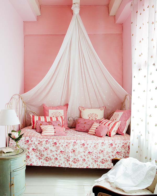 Room, Interior design, Textile, Bed, Bedding, Bedroom, Pink, Wall, Linens, Furniture, 