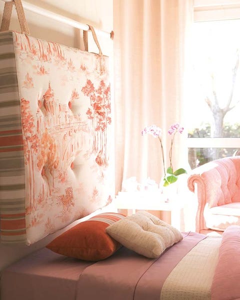 Interior design, Room, Textile, Linens, Wall, Pink, Bedding, Interior design, Orange, Bedroom, 
