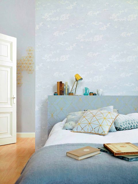 Blue, Room, Bedding, Bed, Textile, Interior design, Bedroom, Wall, Bed sheet, Linens, 