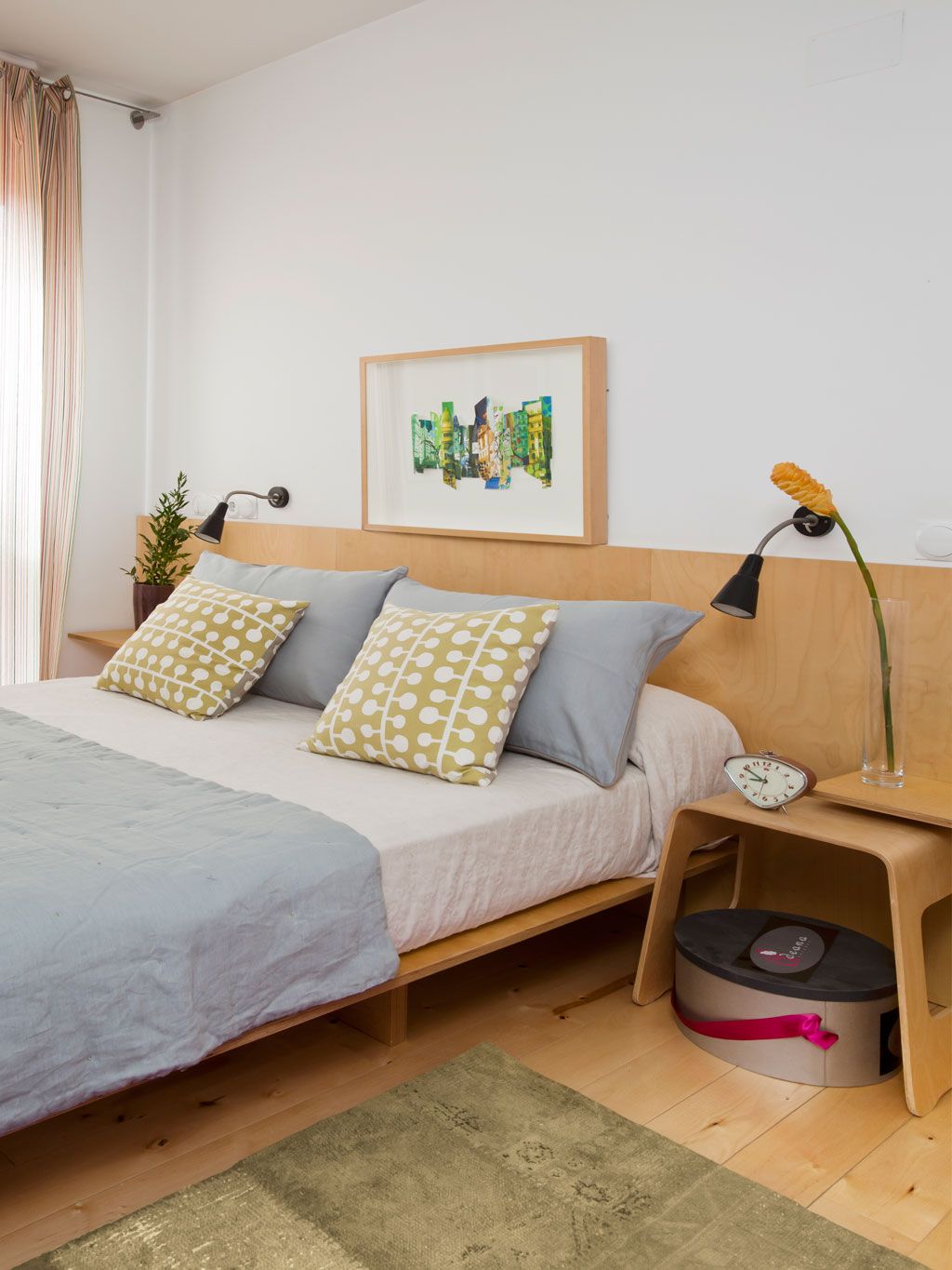 Room, Wood, Yellow, Interior design, Textile, Wall, Home, Furniture, Linens, Bed, 