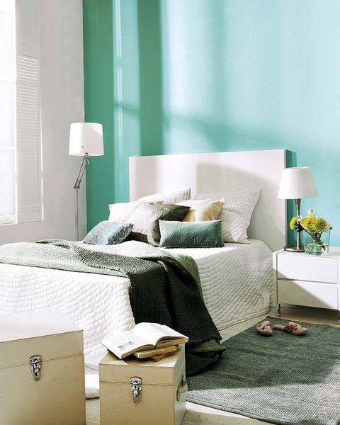 Room, Interior design, Textile, Wall, Linens, Pillow, Teal, Bedding, Turquoise, Home, 