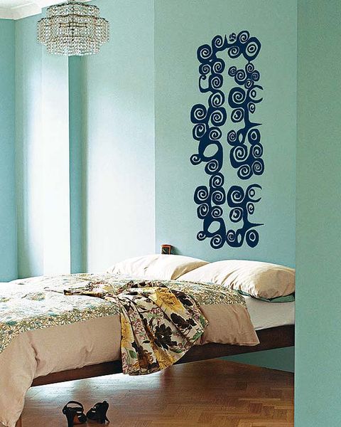 Blue, Room, Bed, Bedding, Interior design, Bedroom, Textile, Wall, Bed sheet, Linens, 