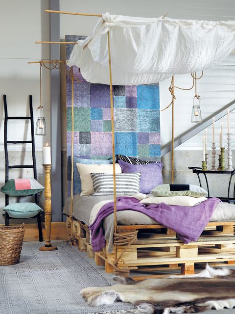 Room, Textile, Interior design, Purple, Linens, Bed, Ladder, Bedding, Bed frame, Lavender, 