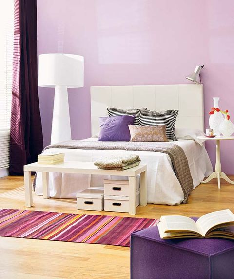 Wood, Product, Interior design, Room, Purple, Textile, Bedding, Bedroom, Floor, Violet, 