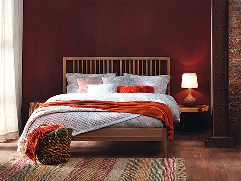 Bed, Room, Interior design, Bedding, Textile, Wall, Floor, Bedroom, Bed sheet, Red, 