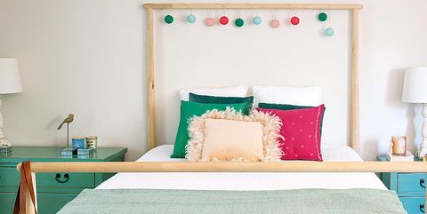 Bedroom, Bed, Furniture, Bed sheet, Room, Bed frame, Bedding, Turquoise, Property, Green, 