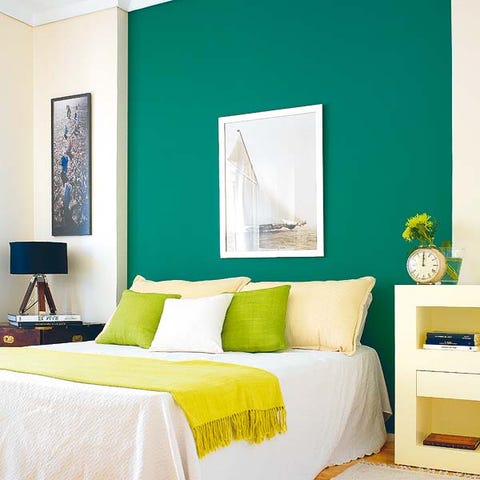 Room, Green, Bed, Yellow, Interior design, Wall, Property, Bedding, Textile, Bed sheet, 