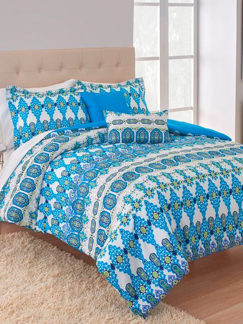 Blue, Bedding, Room, Textile, Interior design, Bed, Bed sheet, Bedroom, Linens, Aqua, 