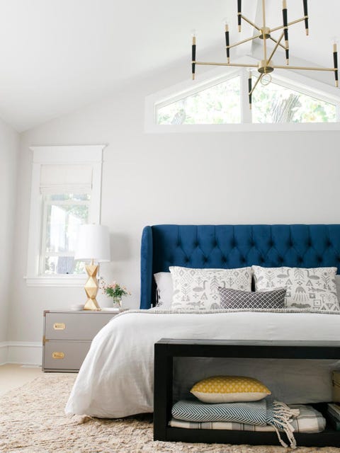 Furniture, Bedroom, Room, Bed, White, Blue, Interior design, Yellow, Property, Bed frame, 