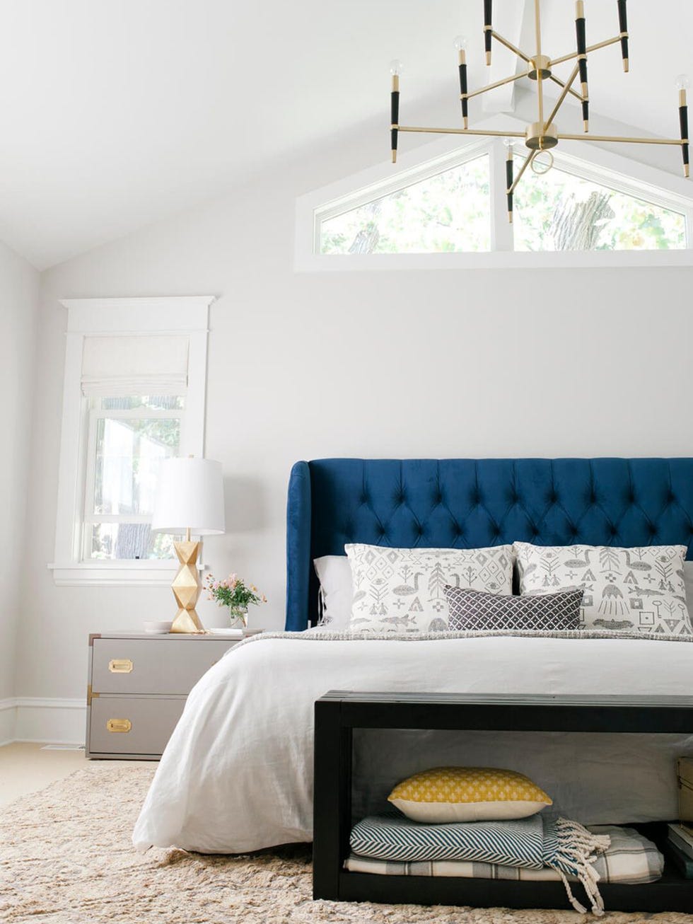Furniture, Bedroom, Room, Bed, White, Blue, Interior design, Yellow, Property, Bed frame, 