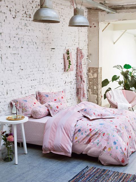 Room, Interior design, Textile, Bed, Wall, Pink, Linens, Floor, Bedding, Bedroom, 