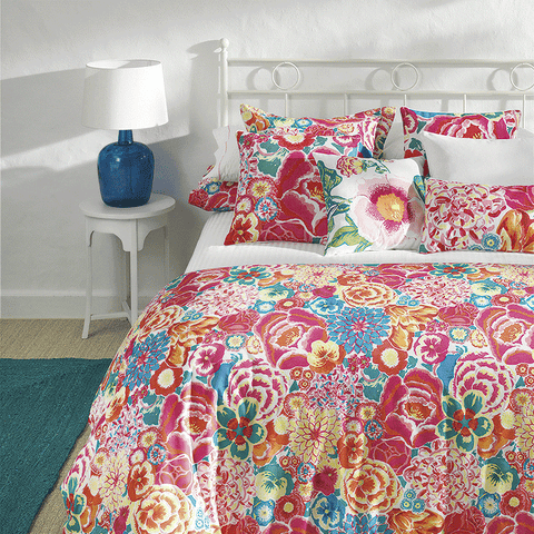 Blue, Room, Interior design, Textile, Bedding, Bed, Linens, Bed sheet, Bedroom, Pink, 