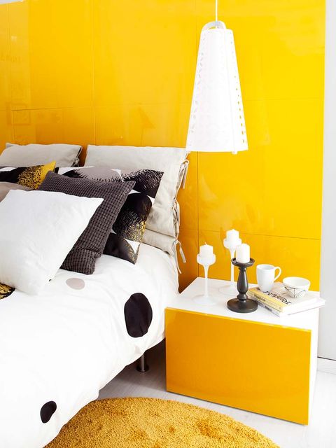 Yellow, Room, Interior design, Lampshade, Wall, Linens, Orange, Bedroom, Lamp, Interior design, 