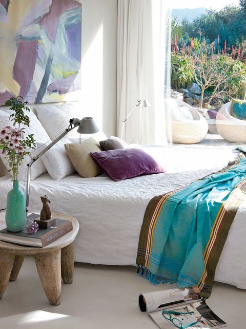 Blue, Room, Interior design, Textile, Purple, Linens, Home, Lavender, Interior design, Teal, 