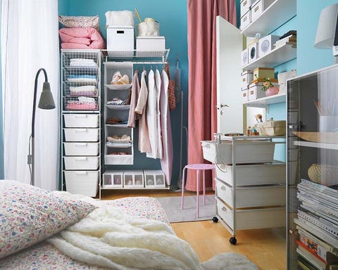 Room, Interior design, Textile, Furniture, Shelving, Linens, Floor, Shelf, Cabinetry, Bed, 