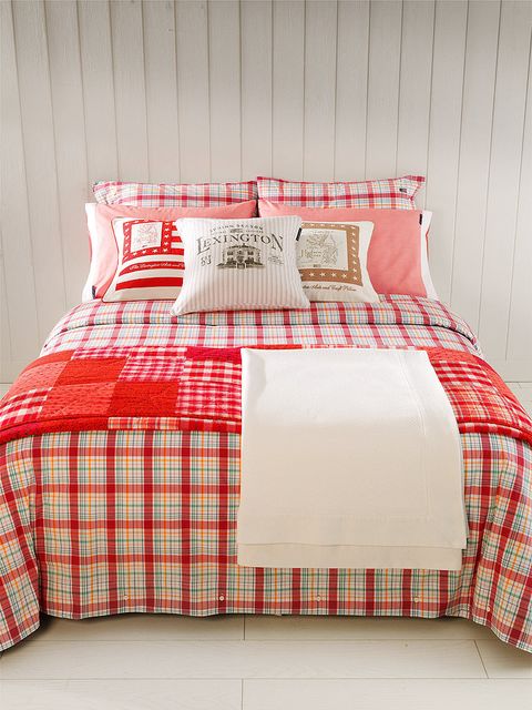 Bed, Room, Pattern, Bedding, Interior design, Textile, Red, Bedroom, Bed sheet, Linens, 