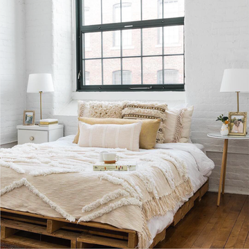 Bedroom, Furniture, Bed, Room, Bed sheet, Bedding, Bed frame, Mattress, Interior design, Wall, 