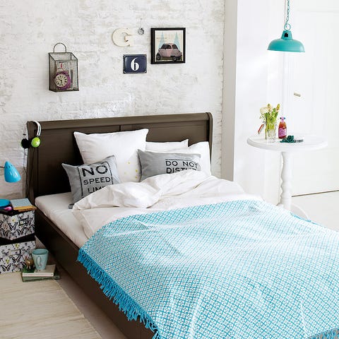 Blue, Room, Green, Interior design, Bed, Wall, Textile, Bedding, Bedroom, Furniture, 