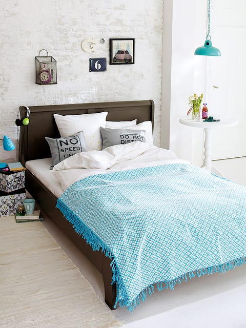 Blue, Room, Green, Interior design, Bedding, Textile, Bed, Bedroom, Wall, Turquoise, 